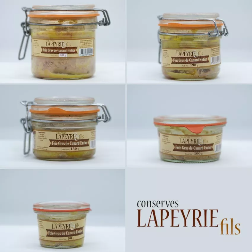 Foies gras de canard entier en bocaux.