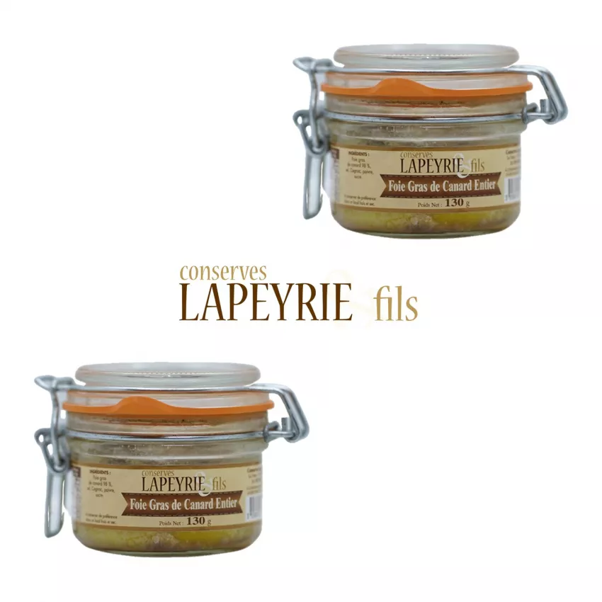 Lot de 2 Foies gras de canard entier artisanaux en bocaux de 130 g.