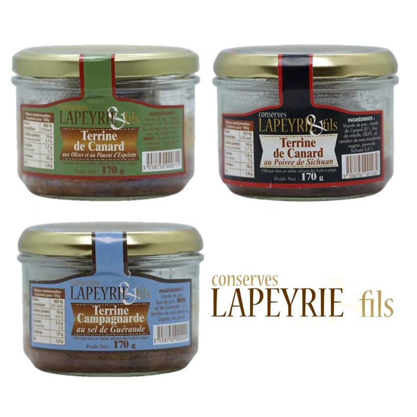 Lot de 3 terrines artisanales en bocaux de 170 g (poivre de Sichuan, olives et piment d'Espelette et Sel de Guérande).