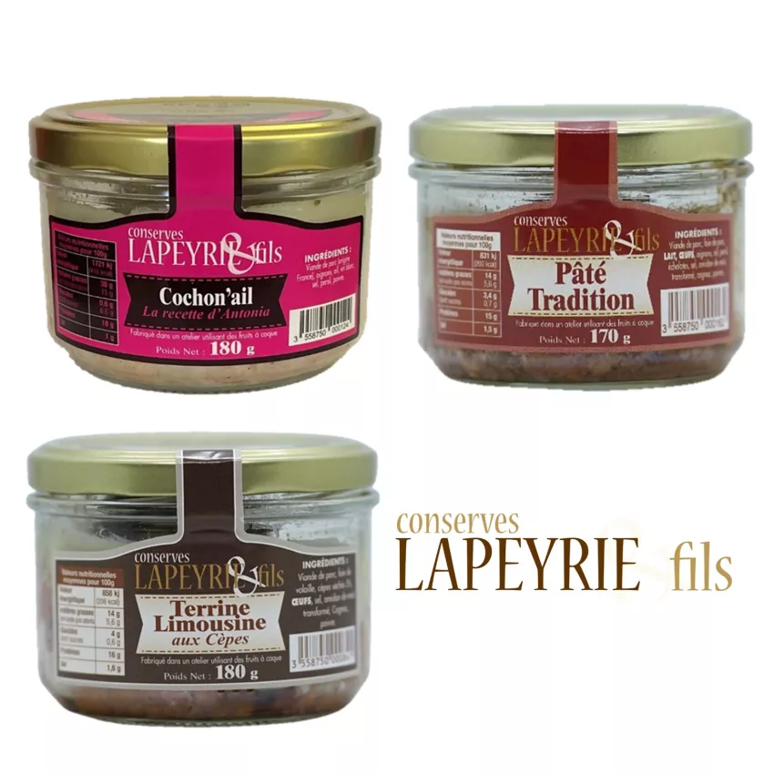 Lot de cochonnaille : terrine de porc aux cèpes 180 g, pâté tradition 170 g et cohon'ail 180 g