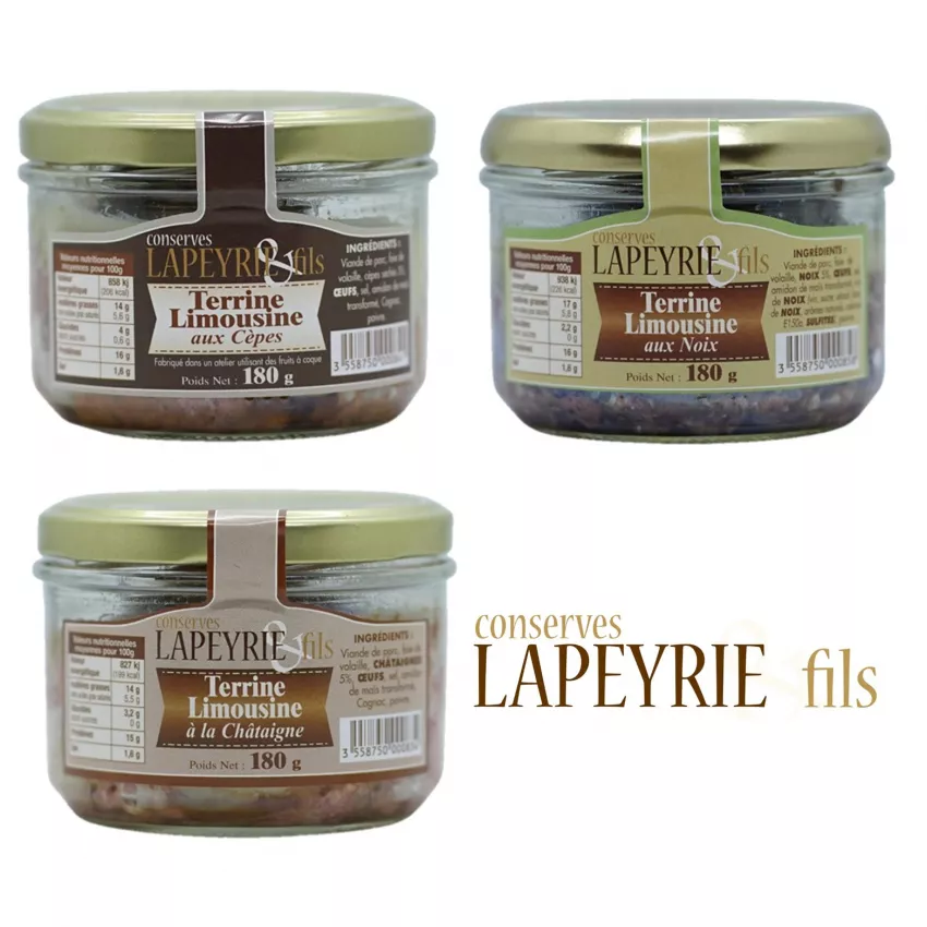 Lot de trois terrines du Limousin aux Cèpes, aux Noix et à la châtaigne en bocal de 180 g.