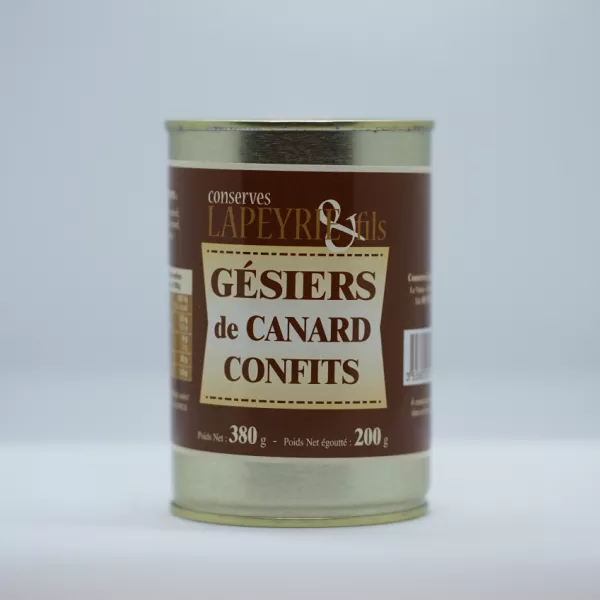 Gésiers de canard confits à la graisse de canard en conserve.